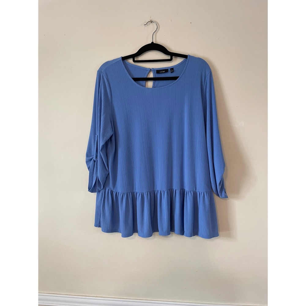 Apt 9 Womens XL Blue Ribbed Peplum Top Roll Tab Sleeve Blouse Keyhole Back